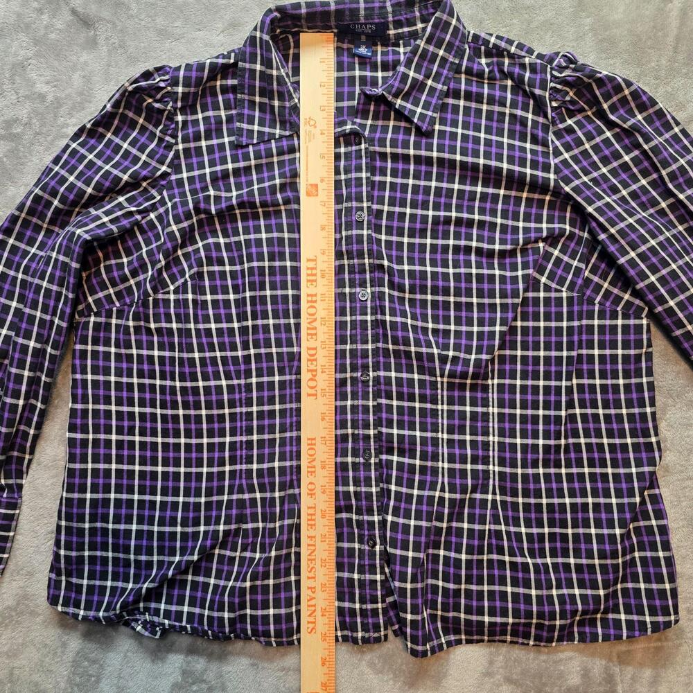 Chaps Button Up Shirt Womens 2X Black Purple Plaid Long Puff Sleeve Cotton - Picture 2 of 8